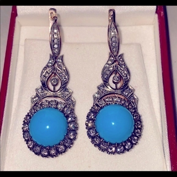 - Turquoise Gold Dimond earrings gorgeous vintage style 14k gold - Picture 2 of 13